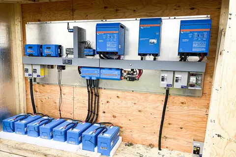 A Victron inverter and charger board on a steel plate, cabled down to a row of eight blue batteries